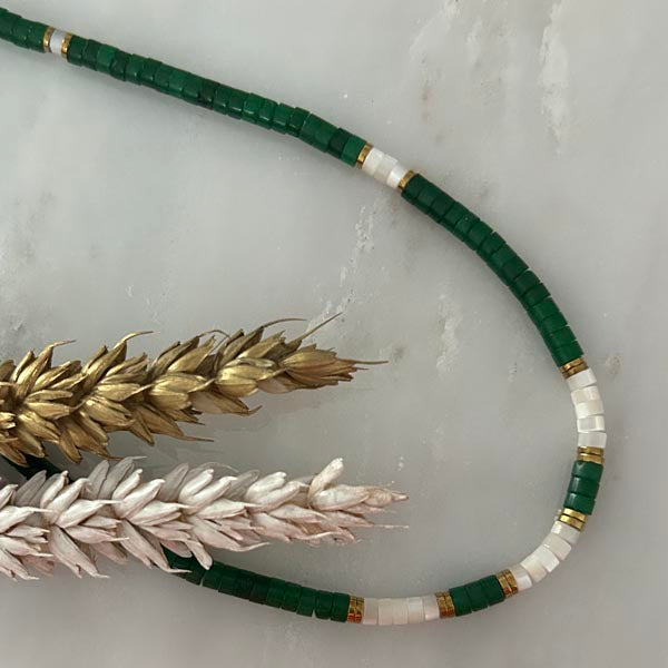 Heishi necklace with white mother-of-pearl cross and pearls