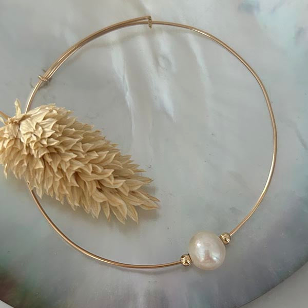 Fine gold filled bangle bracelet with white pearls