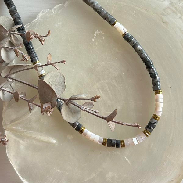 Heishi necklace with white mother-of-pearl cross and pearls