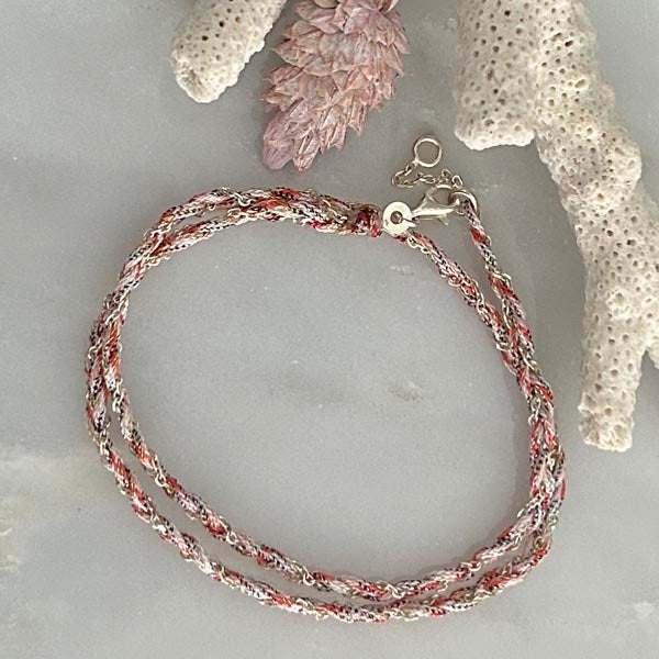 Bracelet 2 rangs tressés chaine argent cordon multicolore rose
