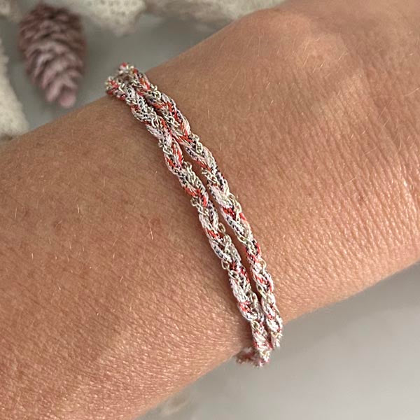 Bracelet 2 rows braided gold-plated chain two-tone pink cord