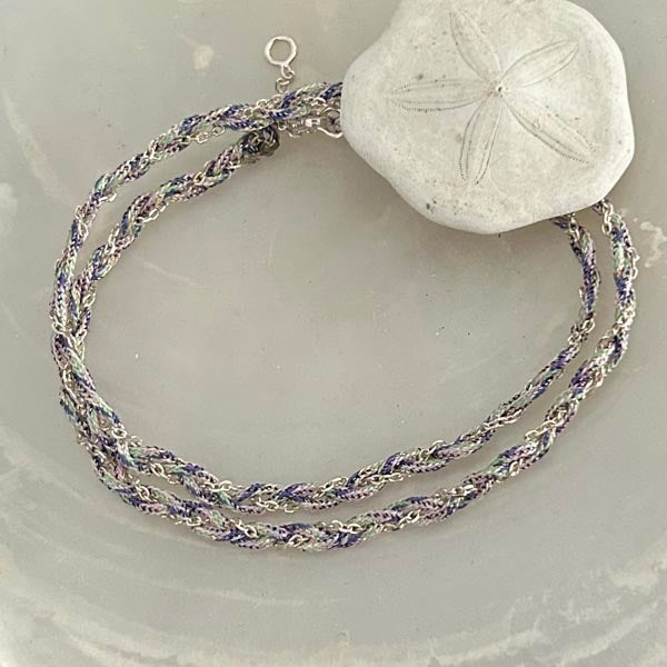 Bracelet 2 rangs tressés chaine argent cordon multicolore claire