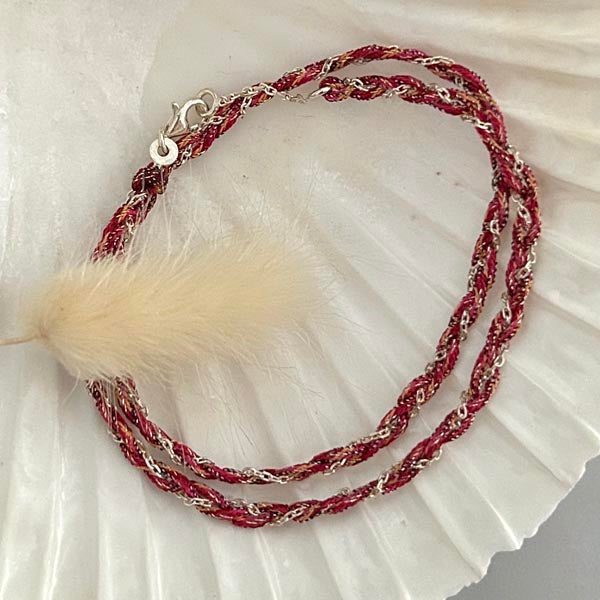 Bracelet 2 rangs tressés chaine argent cordon multicolore rouge