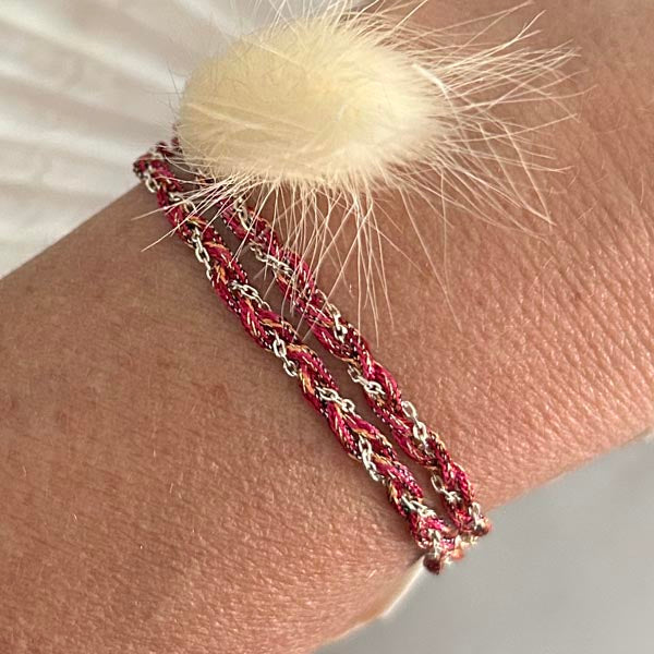 Bracelet 2 rangs tressés chaine argent cordon multicolore rouge