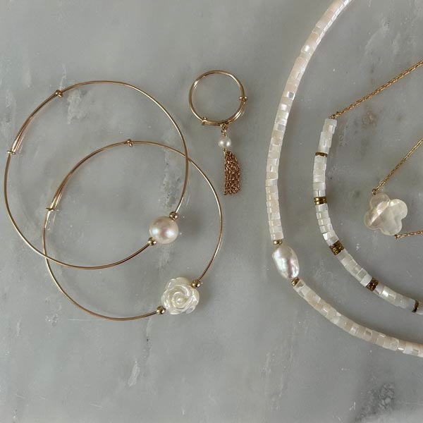 Fine gold filled bangle bracelet with white pearls