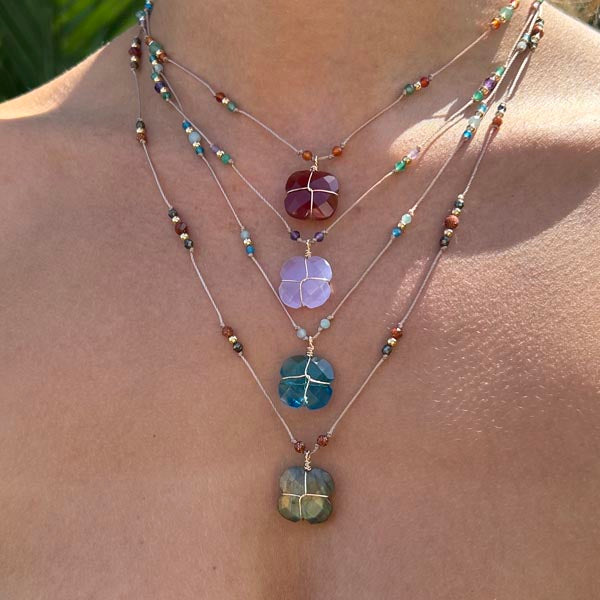 Gold plated chain necklace with oval faceted blue chalcedony