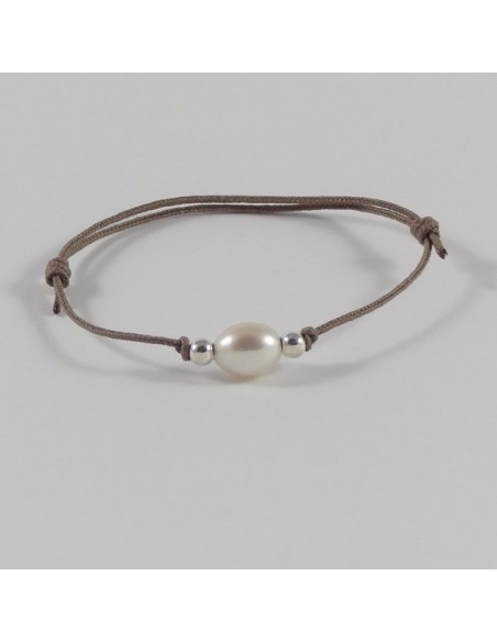 Bracelet cordon Perle d'eau douce blanche ovale perles argent