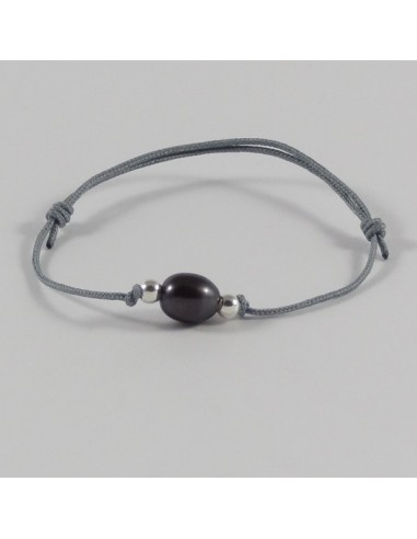 Bracelet cordon Perle d'eau douce noire ovale perles argent