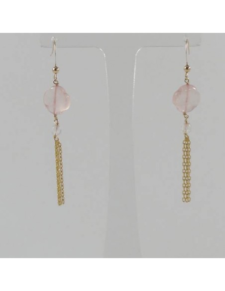 Boucles d'oreilles plaqué or pierre quartz rose pompon 