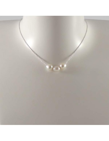 Collier chaine argent 3 perles d'eau douce blanches ovales baroques