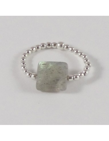 Bague minis perles argent Pierre semi - précieuse labradorite carrée