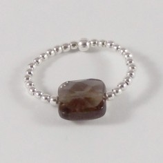 Bague minis perles argent Pierre semi - précieuse quartz fumé carrée