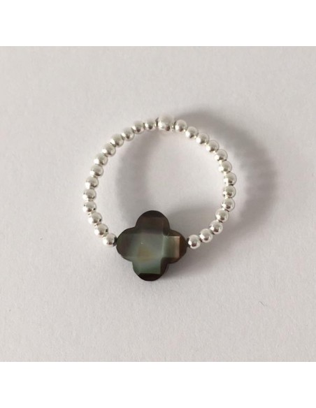 Small beads ring silver 925  grey cross mother of pearl