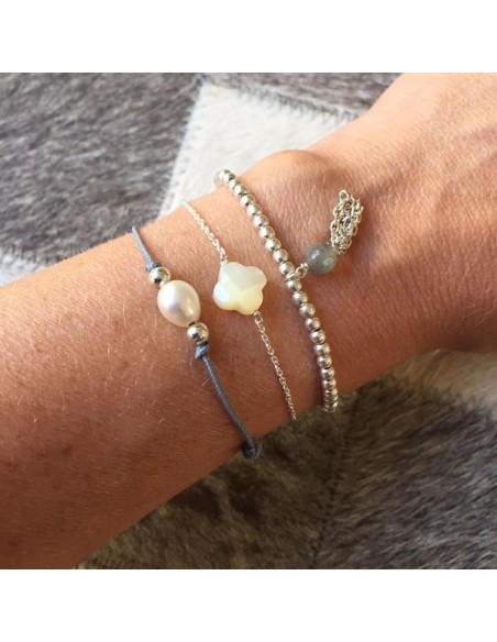 Cord bracelet white freshwater pearl silver beads