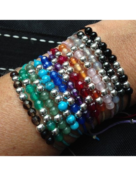 Cord bracelet 11 stones silver beads