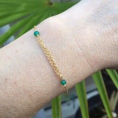 Triple chains bracelet gold plated small green jade
