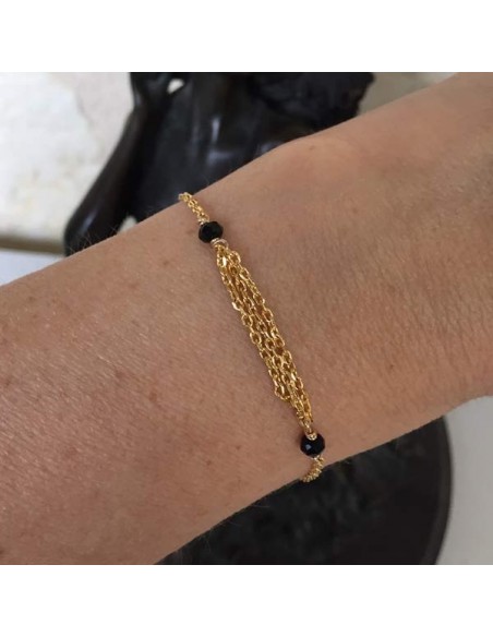 Triple chains bracelet gold plated small onyx