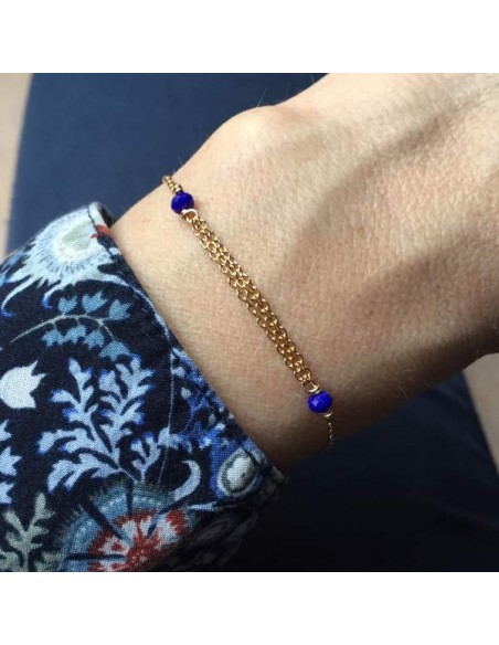 Triple chains bracelet gold plated small blue stones