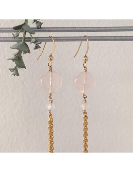Pink quartz earrings gold plated pompom