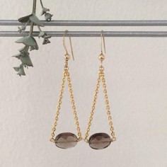 Oval faceted smoked quartz earrings gold plated chain 