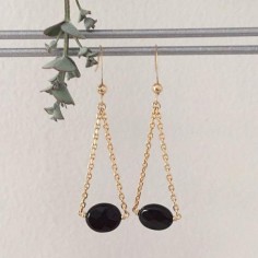 Oval faceted onyx earrings gold plated chain 