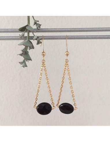 Oval faceted onyx earrings gold plated chain 