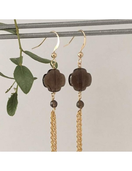 Smoked quartz earrings gold plated pompom