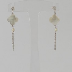 Flat white agate cross earrings gold plated pompom