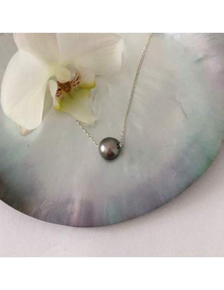 Collier chaine argent perle d'eau douce gris foncé ronde baroque