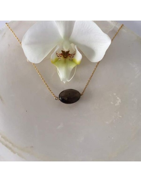 Oval faceted smoked quartz stone gold plated chain necklace