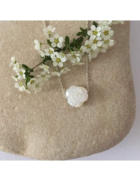 White mother of pearl rose chain necklace silver 925