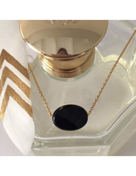 Oval faceted onyx stone gold plated chain necklace