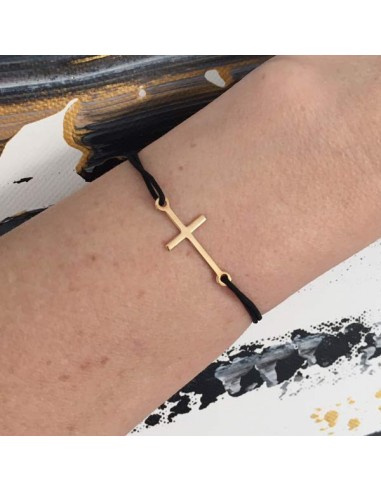 Cord bracelet gold plated small long cross