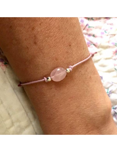 Child small oval pink quartz silver beads cord bracelet