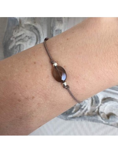 Child small oval smoky quartz silver beads cord bracelet
