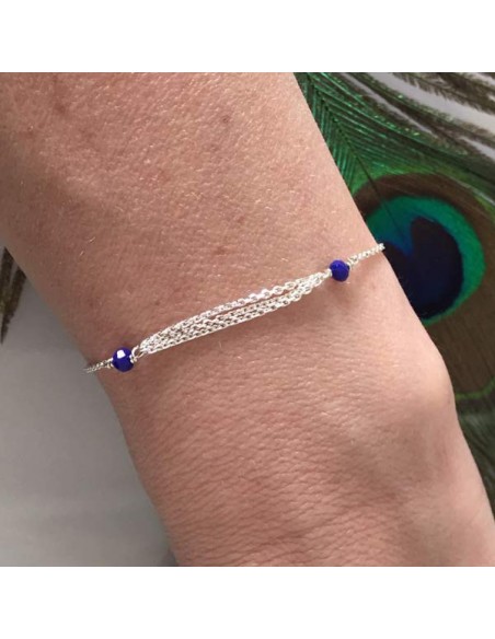 Triple chains bracelet silver 925 small blue stones