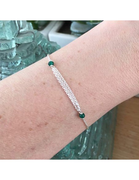 Triple chains bracelet silver 925 small green onyx
