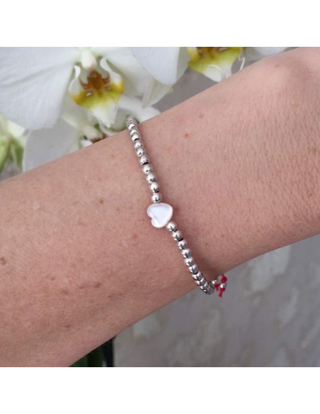 Bracelet Elise mini perles argent fermoir et coeur nacre blanche
