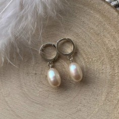 Boucles d'oreilles mini créoles argent Perle d'eau douce blanche﻿