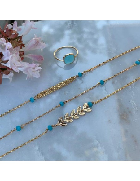 Bracelet chaine plaqué or triple chainettes petites pierres turquoise