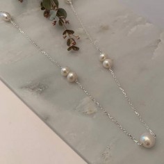 Long chain necklace silver 925 white freshwater pearls