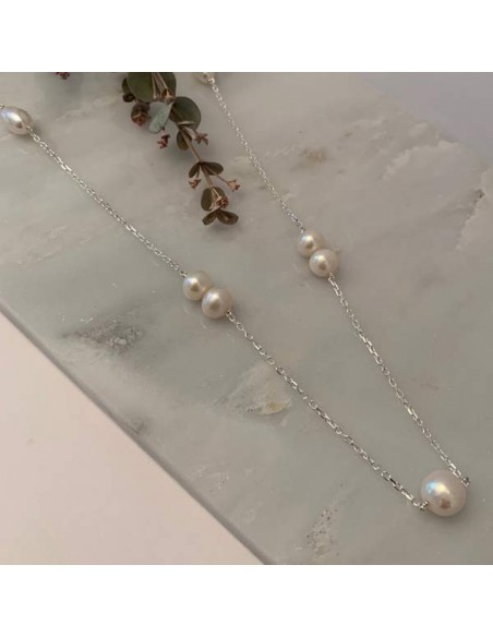 Long chain necklace silver 925 white freshwater pearls