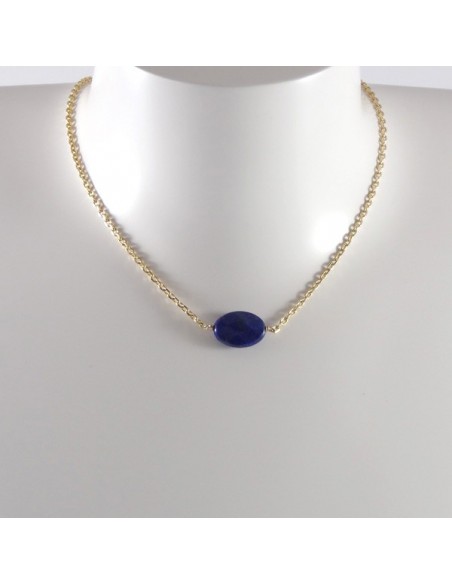 Collier chaine plaqué or Lapis Lazuli ovale facetée    