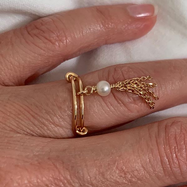 Thin gold filled ring with white pearl pompom