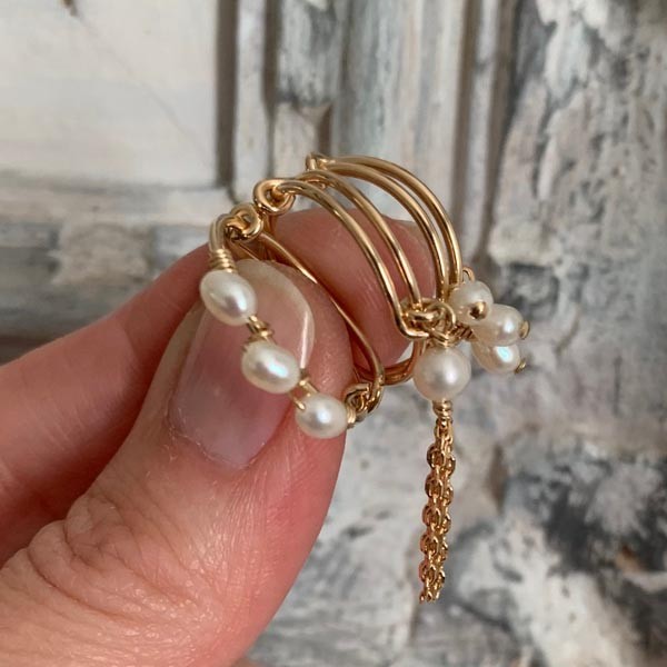 Thin gold filled ring with white pearl pompom