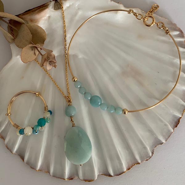 Gold plated chain necklace with large amazonite drop