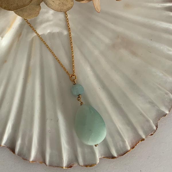 Gold plated chain necklace with large amazonite drop