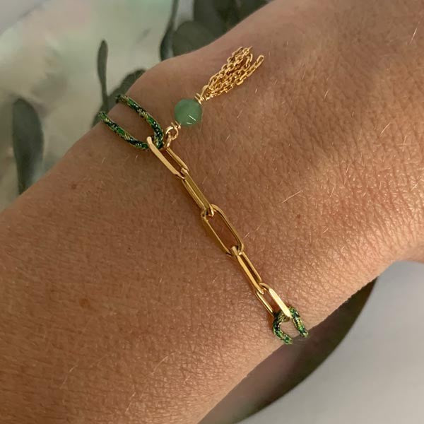 Green cord bracelet 5 links gold plated pompom