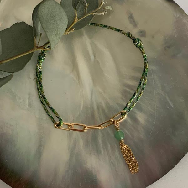 Green cord bracelet 5 links gold plated pompom