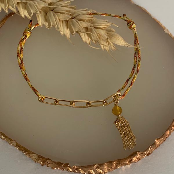 Yellow multicolor cord bracelet 5 links gold plated pompom